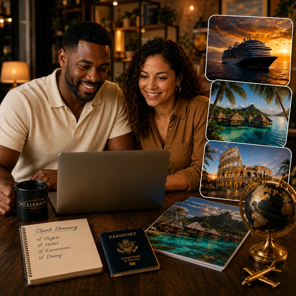 Two Xcelerate Travel advisors planning a client vacation together at a laptop, surrounded by destination photographs, travel documents, a globe, and itinerary materials.